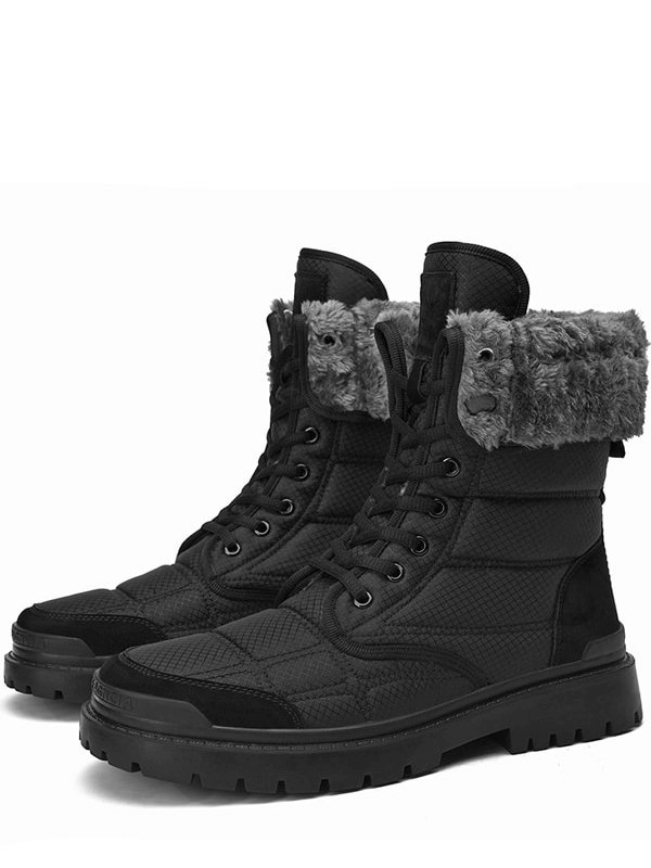Men's leather waterproof hiking boots with fur, non-slip rubber sole, lace-up, mid-calf, black, SF0962.