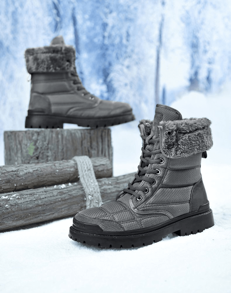 Men's Leather Waterproof Hiking Boots with Fur, Non-slip, Comfortable, and Durable in Snowy Landscape - SF0962