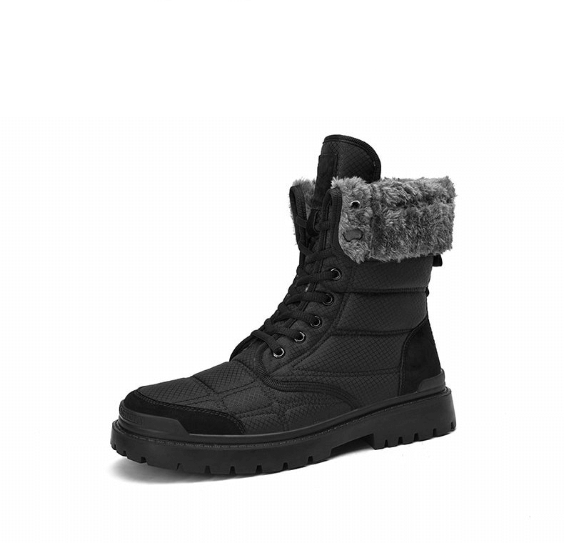 Men's black leather waterproof hiking boots with fur, non-slip sole, and lace-up design for comfort and durability.