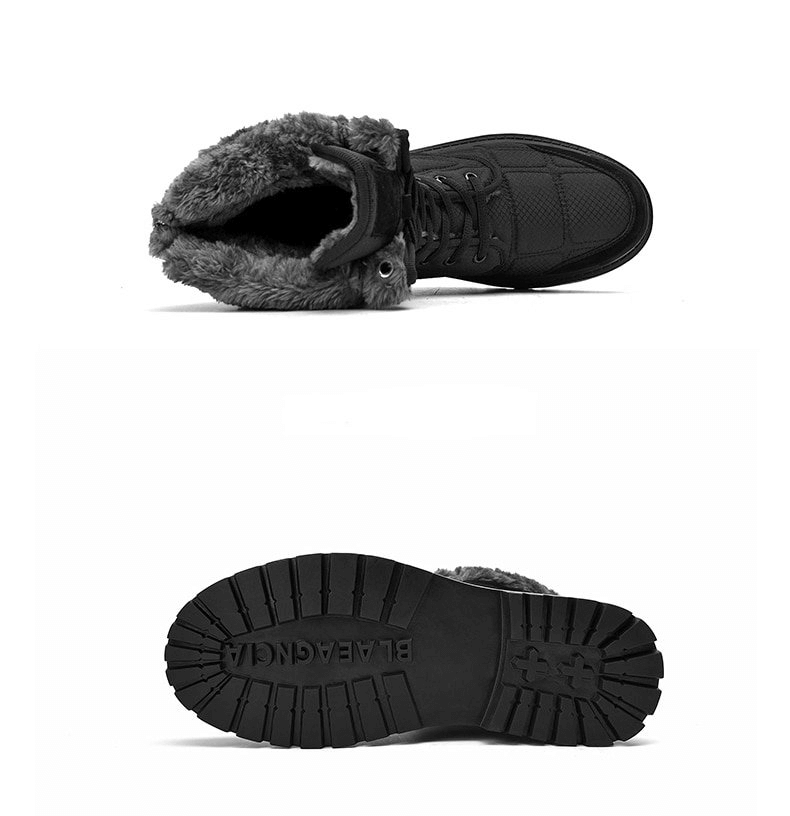 Men's leather waterproof hiking boots with non-slip rubber sole and fur lining, showing detailed sole and plush interior view.