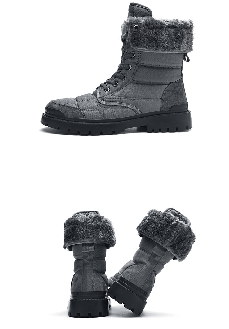 Leather waterproof hiking boots for men with fur, featuring non-slip rubber soles, lace-up closure, and plush lining for warmth.