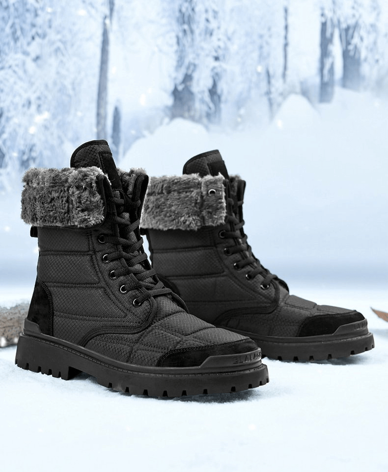 Leather waterproof non-slip hiking boots for men with fur, ideal for winter trekking, featuring plush lining and durable rubber outsole.