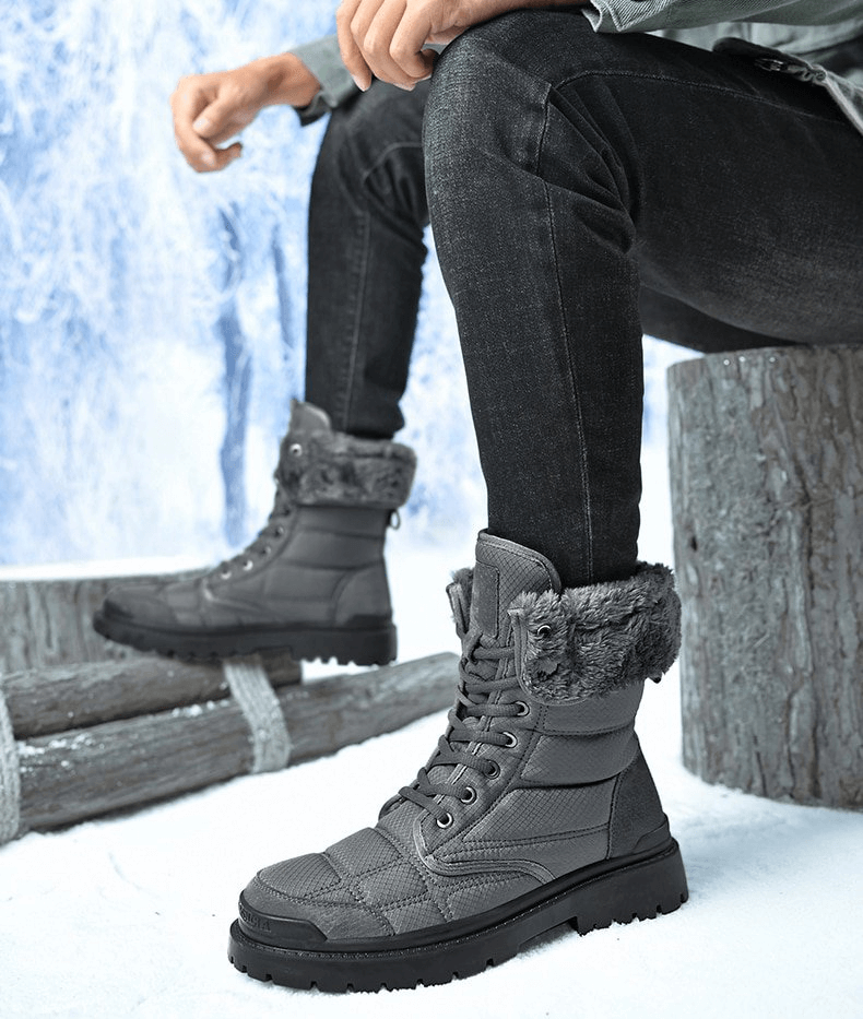 Men wearing leather waterproof non-slip hiking boots with fur, perfect for warmth and traction in snowy weather.