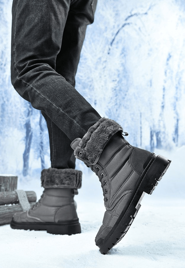 Men's leather waterproof hiking boots with fur, non-slip rubber outsole, perfect for winter hiking, shown in a snowy setting.