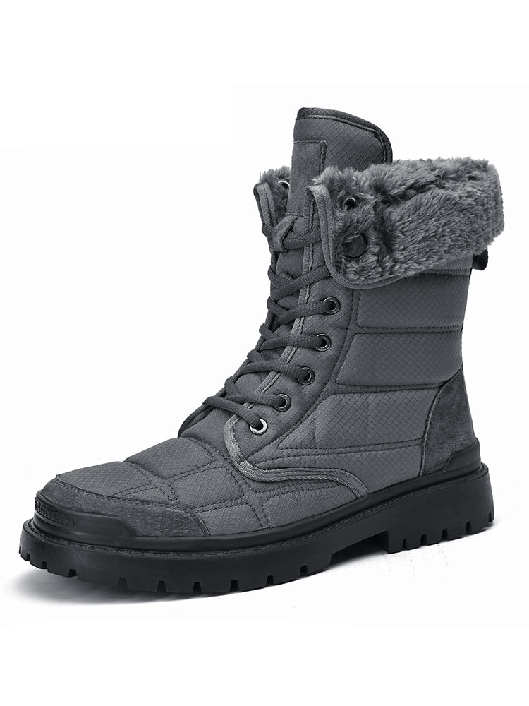 Grey leather waterproof non-slip hiking boot with fur lining and durable rubber sole for men.