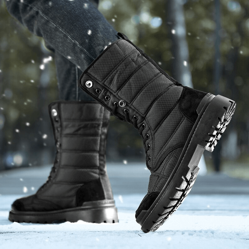 Men's leather waterproof non-slip hiking boots with fur, SF0962, showcasing rugged style and durability in a snowy landscape.