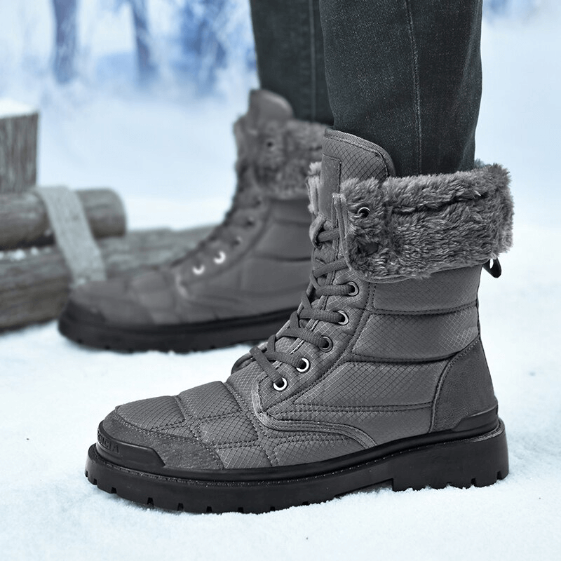 Men's leather waterproof hiking boots with fur, featuring non-slip rubber sole and lace-up design, perfect for cold weather.