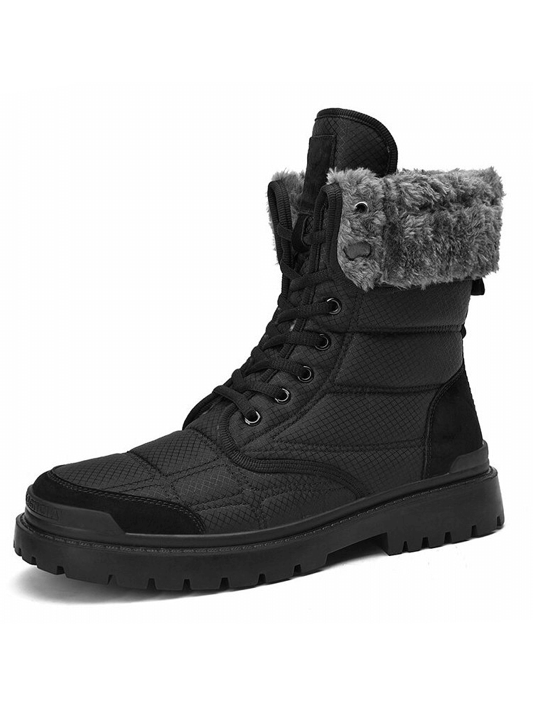 Men's leather waterproof hiking boots with fur, black non-slip design, featuring round toe, rubber outsole, and lace-up closure.