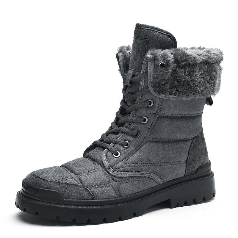 Men's waterproof leather hiking boots with fur, non-slip sole, and plush lining, perfect for warmth and traction in any weather.