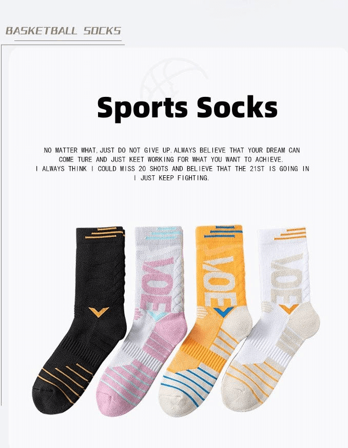 Four pairs of colorful letter print basketball knee-high socks displayed neatly with motivational text above.