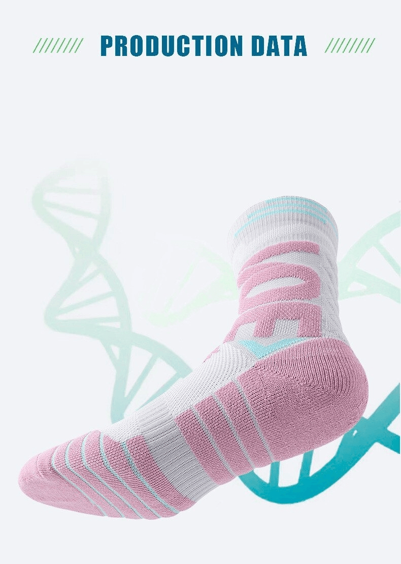 Pink and white letter print knee-high basketball sock with DNA design backdrop for professional or recreational players.