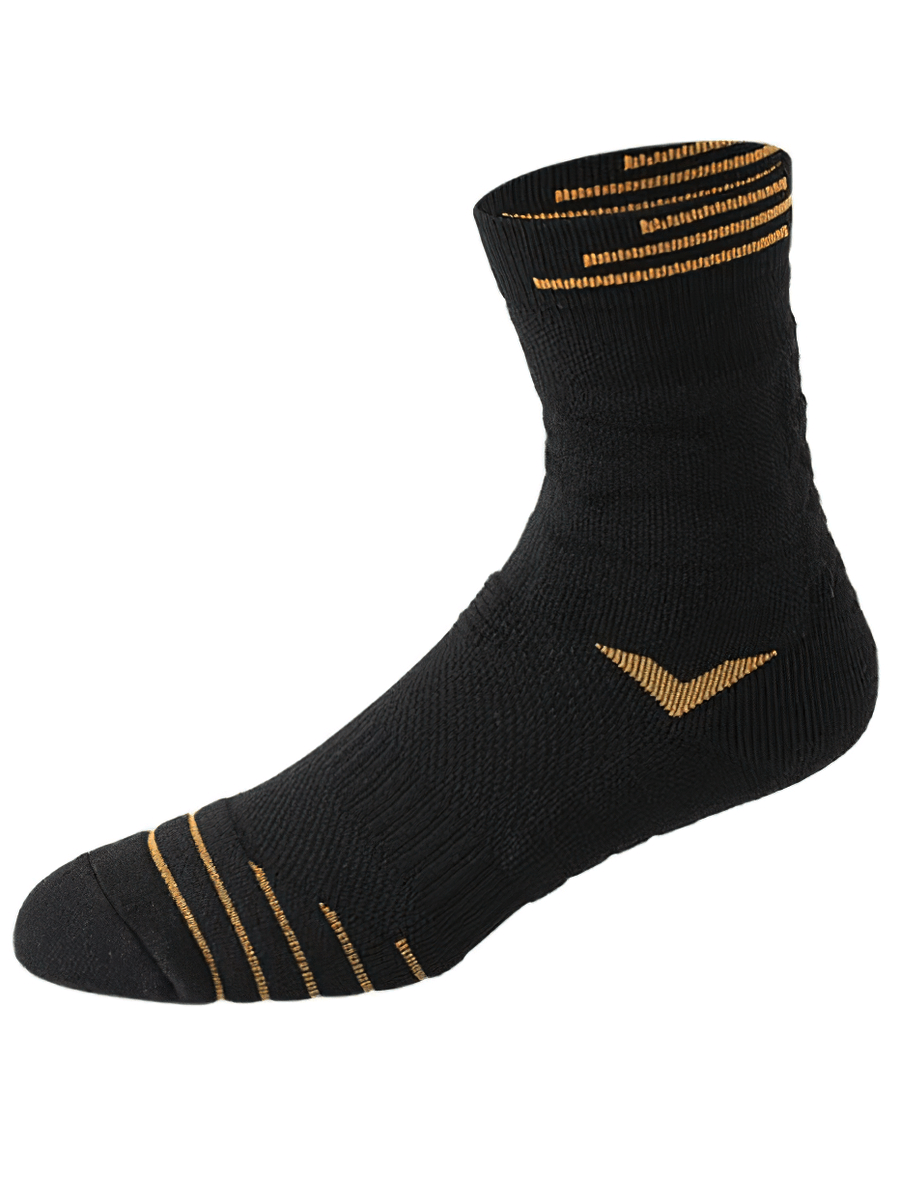 Alt Tag: Black and gold letter print professional basketball knee-high sock made of durable polyester, perfect for games. Model SF0349.