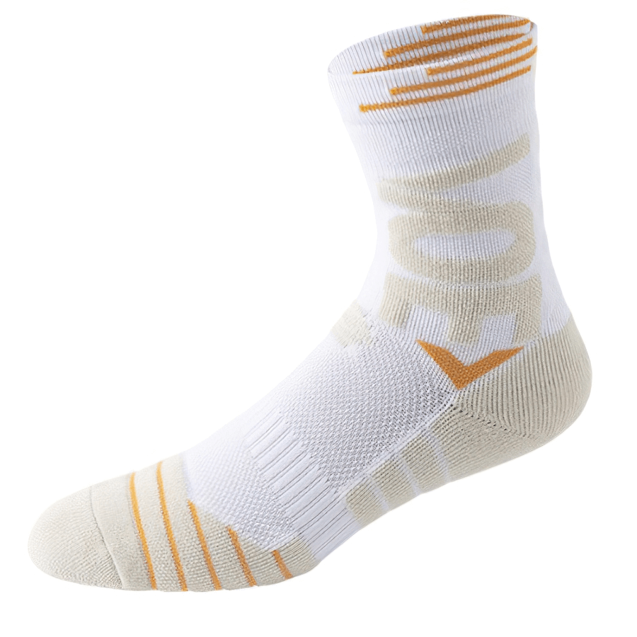 Letter Print Professional Basketball Knee-High Socks in white and beige with orange accents, designed for comfort and performance.