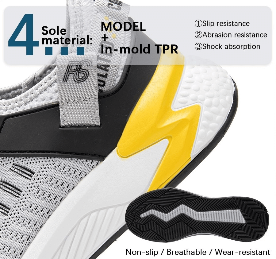 Light breathable wear-resistant men's sneakers with mesh upper, TPR outsole for slip resistance, and yellow design accent.