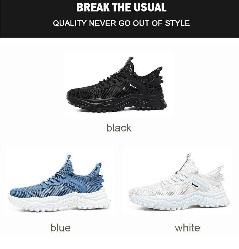Collection of cushioned breathable running shoes in black, blue, and white color options, perfect for athletes seeking style and comfort.