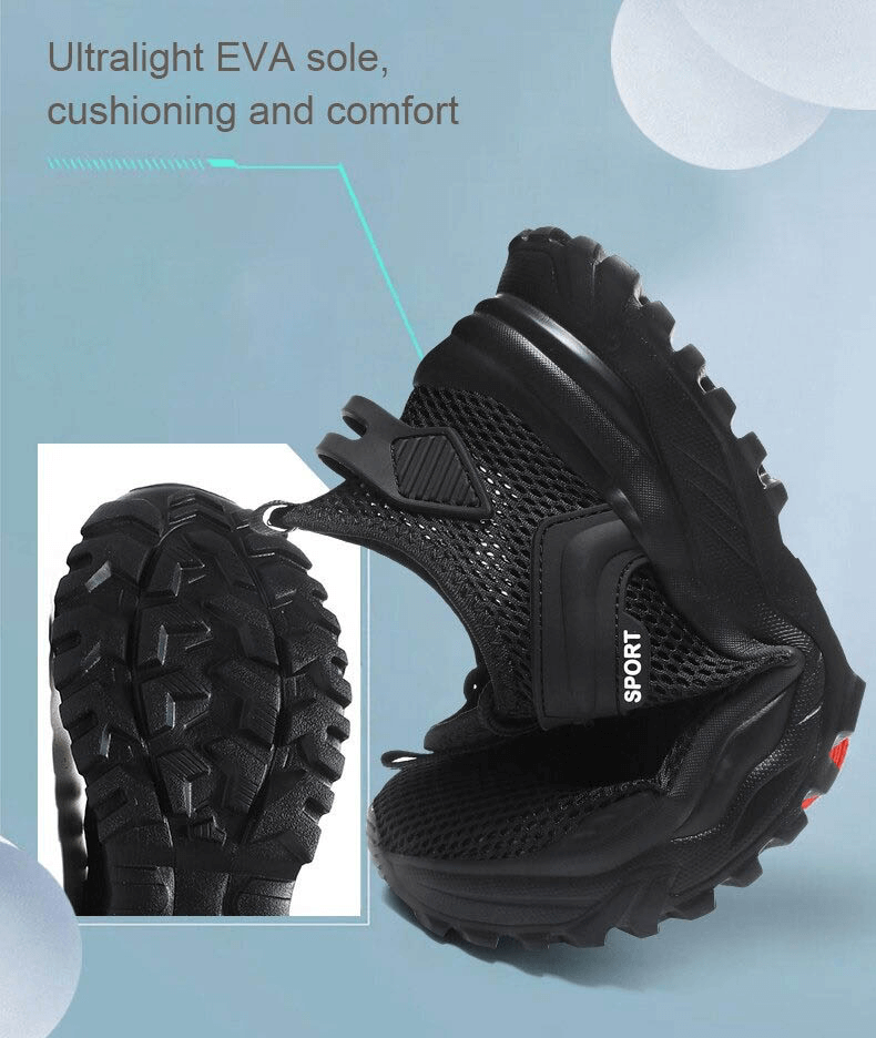 Men's black breathable running shoes with cushioned EVA sole and lace-up closure, designed for comfort and performance.