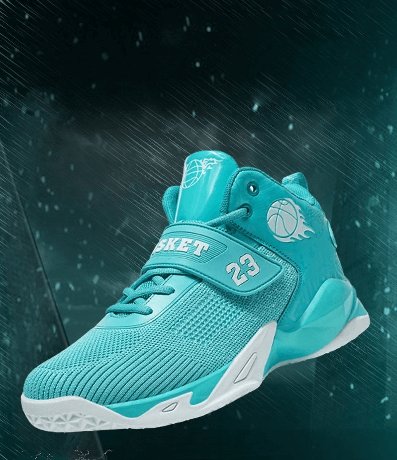 Teal high-top basketball shoes with mesh design, sporty emblem, and secure straps