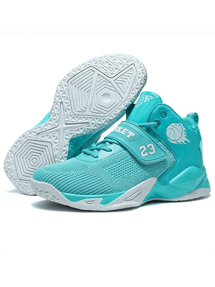 Teal sports sneakers with mesh upper and rubber outsole, featuring number 23 and basketball insignia, ideal for training and performance.