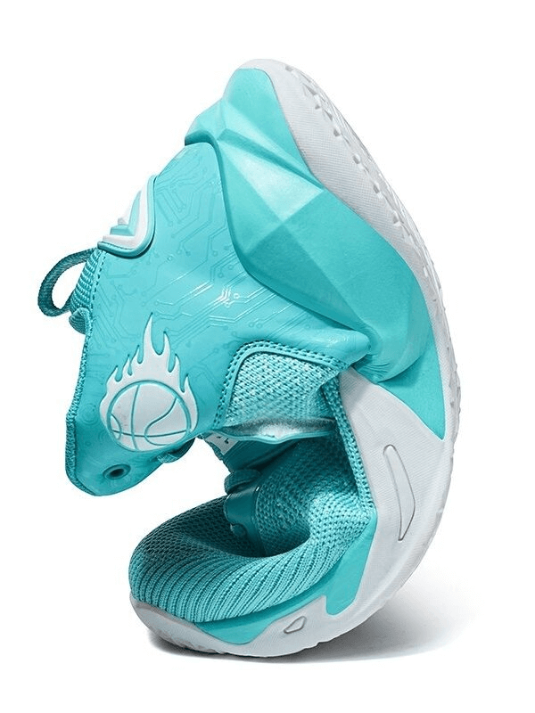 Light teal training sneakers with breathable mesh and durable rubber sole, featuring stylish flame basketball design.
