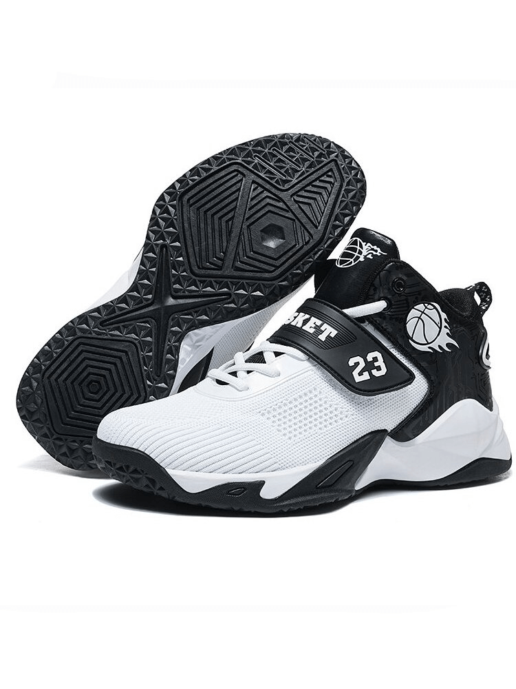 White and black men's athletic sneakers with textured sole, breathable mesh upper, and stylish basketball design accents.