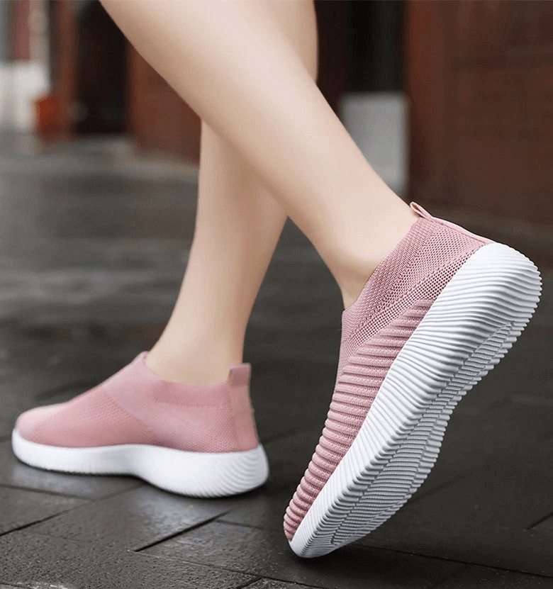 Lightweight breathable women’s casual shoes SF0266 with air mesh and PU insole, pink slip-on design, low heel for comfort.
