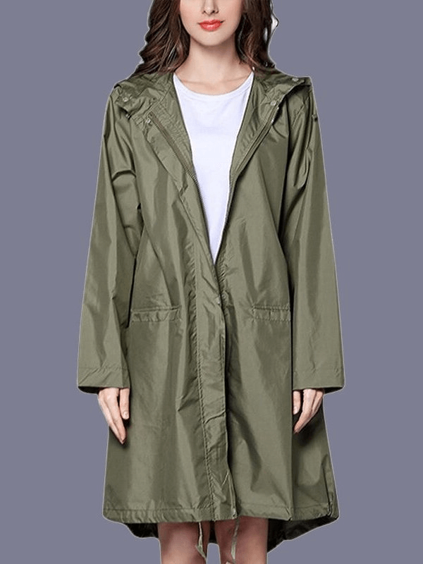 Lightweight breathable women's raincoat with hood and zipper, ideal for staying dry and comfortable in wet weather.