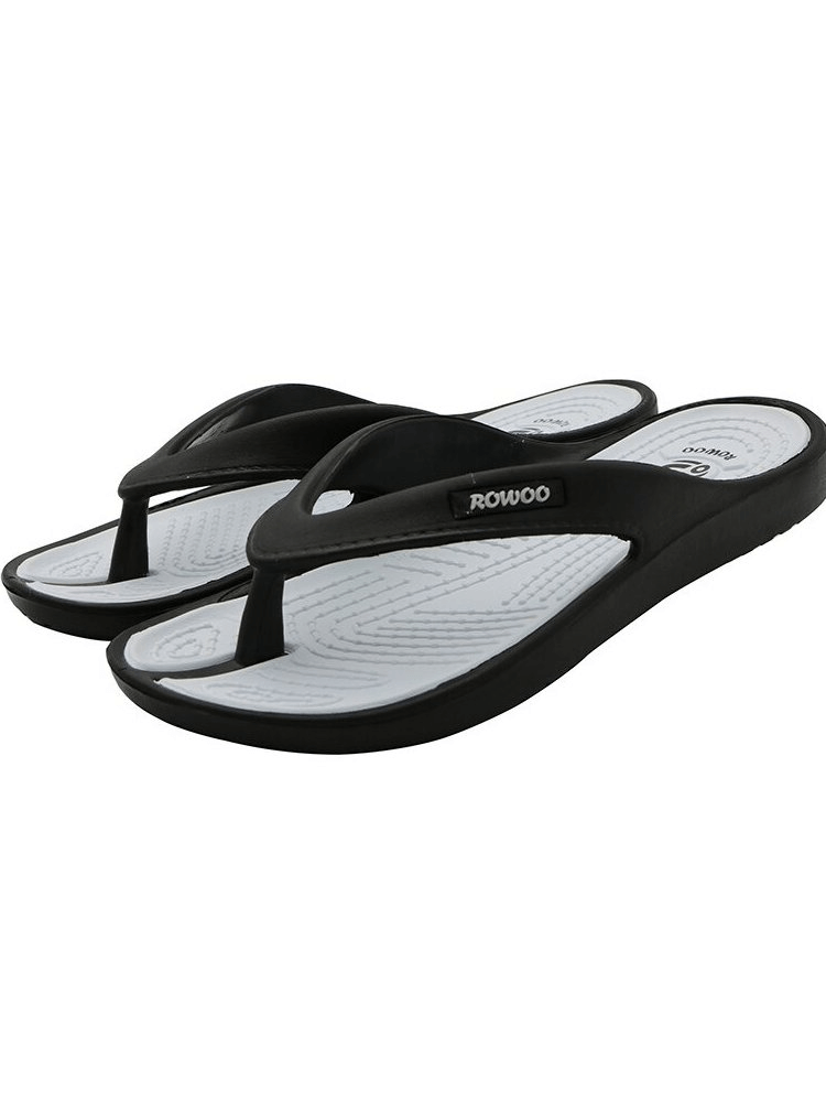 Women's lightweight flexible beach slippers in black with PU upper, ideal for casual outings. Medium width, wedge heels for comfort.