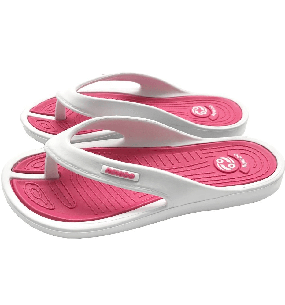 Pink and white women's lightweight beach flip flops with PU upper and EVA sole, perfect for casual summer outings.