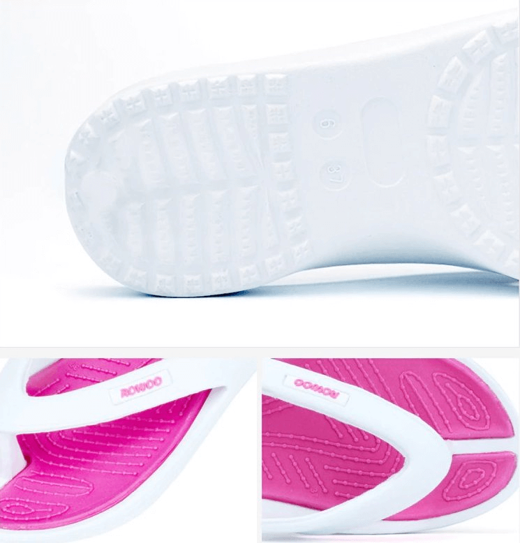 Lightweight pink and white beach slippers for women with flexible EVA outsole, perfect for casual outings. Comfortable and stylish design.