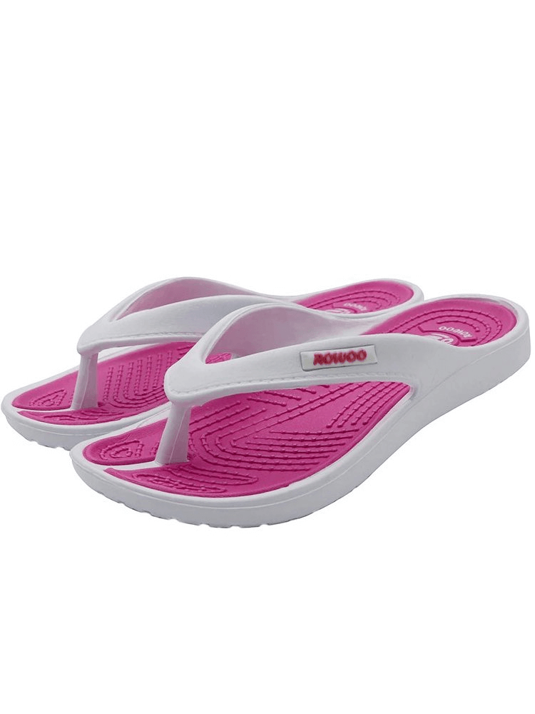 Lightweight flexible women's beach slippers, pink and white flip flops with breathable PU upper and EVA outsole. Model SF0284.