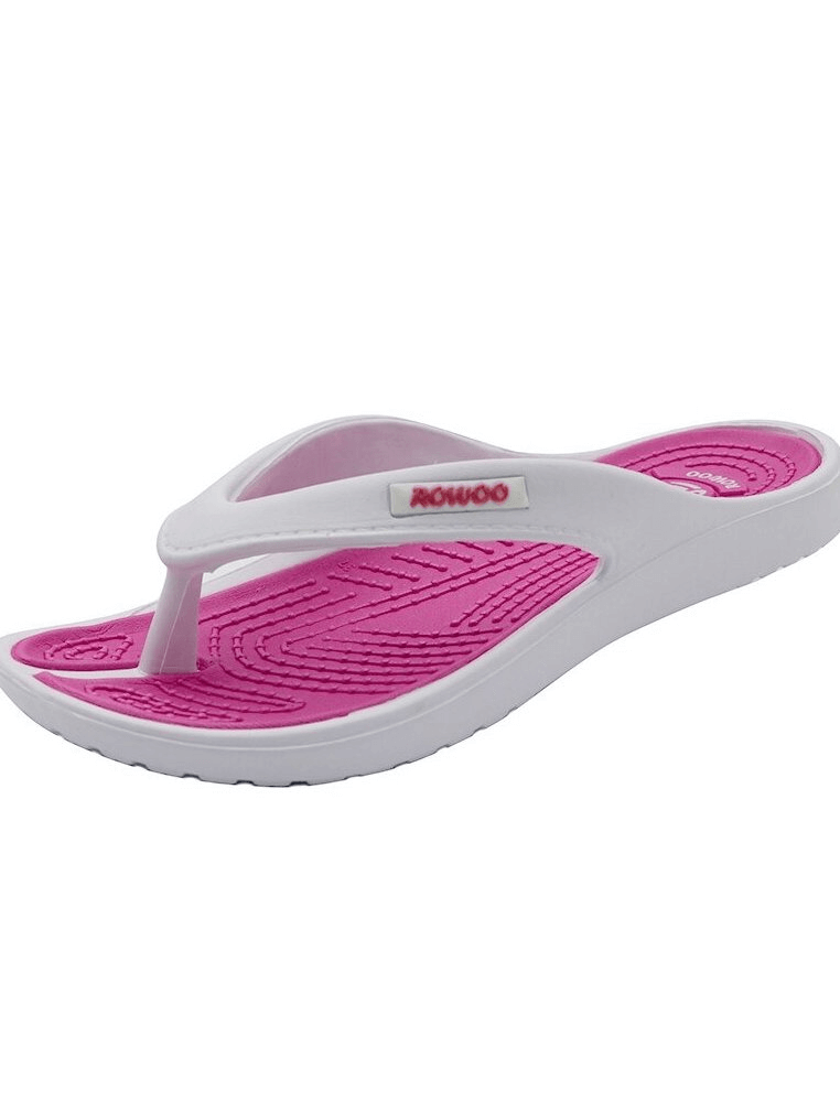 Lightweight flexible pink and white women's beach slippers, perfect for casual outings with breathable PU upper and comfortable wedge heels.