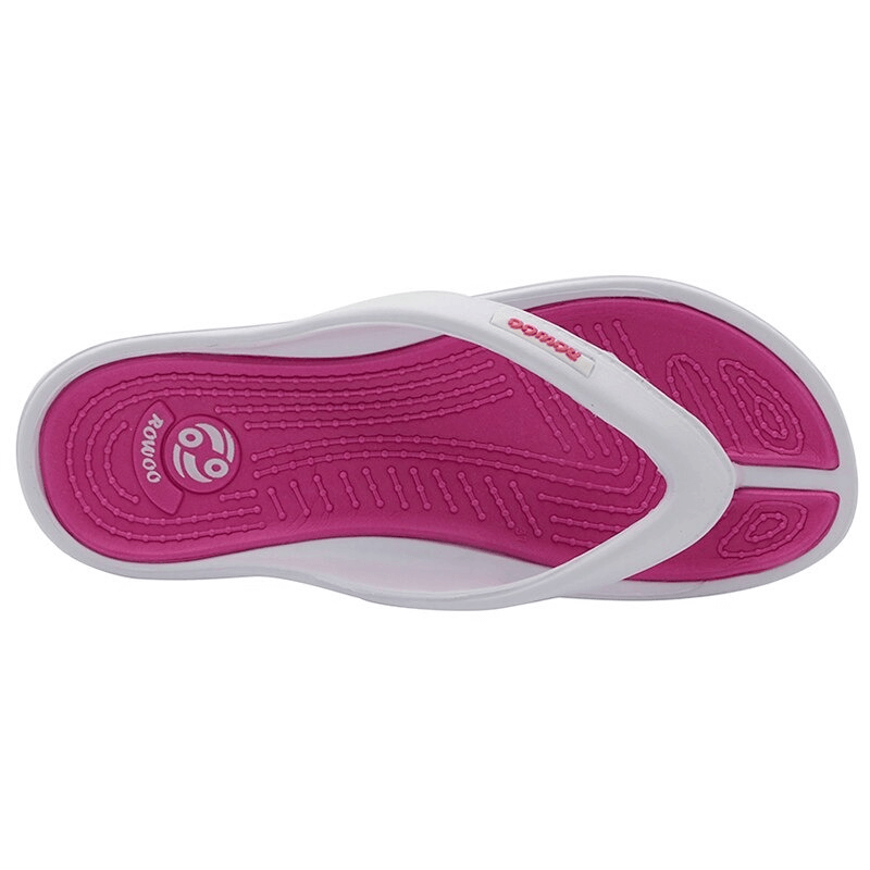 White and pink lightweight flexible women's beach slippers with PU upper and EVA sole. Perfect summer flip-flops for casual outings.