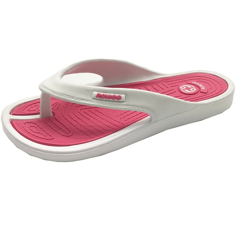 Lightweight flexible beach slippers for women with pink footbed, perfect for casual and beach outings. Comfy PU and EVA design.