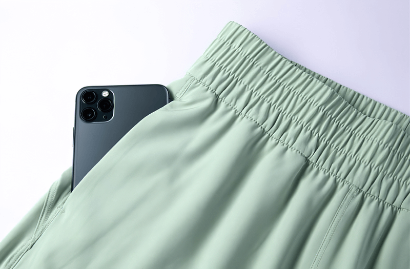 Close-up of green lightweight high waist fitness sweatpants with a phone in the pocket, highlighting elastic waistband and pocket design.