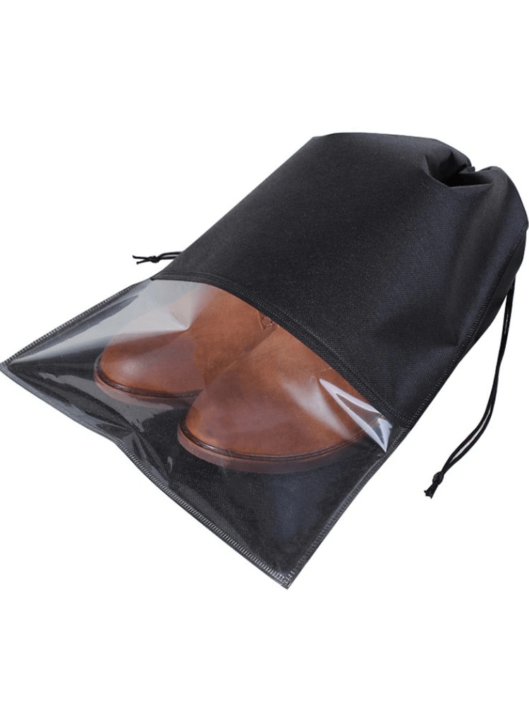 Black lightweight quick-dry unisex waterproof shoe bag with transparent cover, perfect for sports shoes organization and protection.
