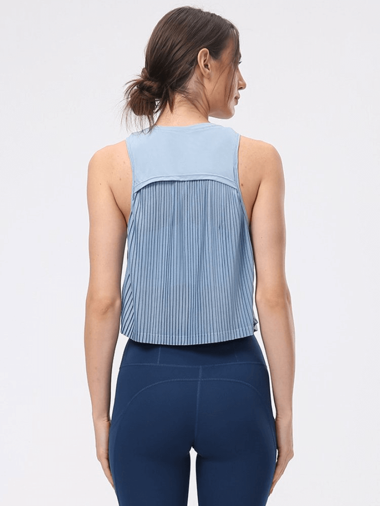 Back view of a woman wearing a lightweight quick dry sleeveless t-shirt with mesh back, perfect for sports and activewear.