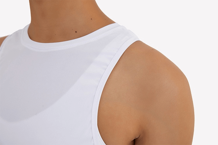 Close-up of a lightweight white sleeveless t-shirt with mesh back, ideal for women's activewear, featuring quick-dry and anti-wrinkle fabric.