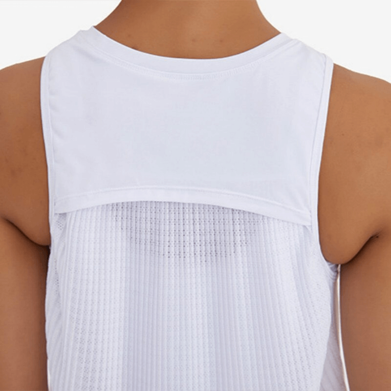 Back view of a women's quick dry sleeveless t-shirt with mesh detailing, perfect for workouts. Style SF1055, enhances breathability.
