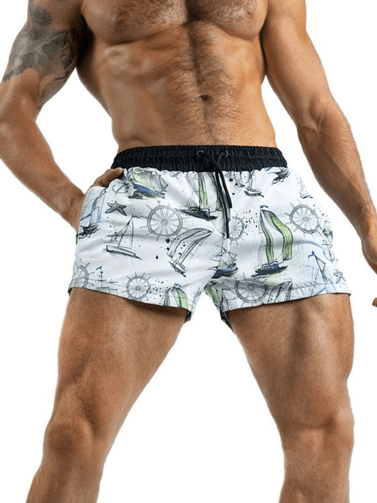 Men's lightweight quick-drying sports shorts with nautical print, perfect for fitness and running.