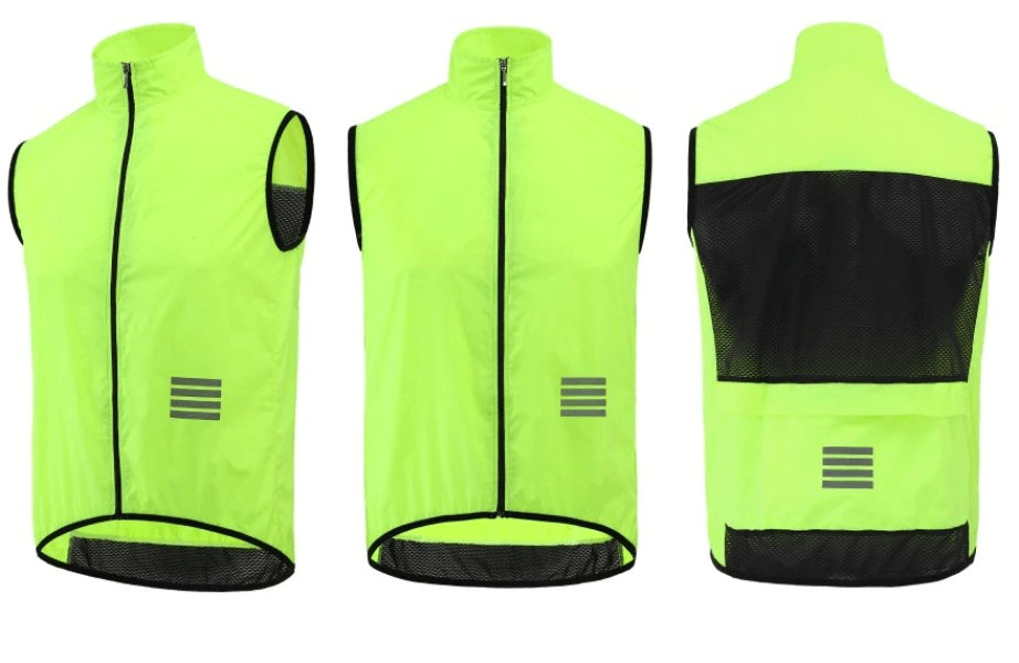 Neon yellow lightweight quick-drying sports vest with zipper and reflective elements ideal for cycling.