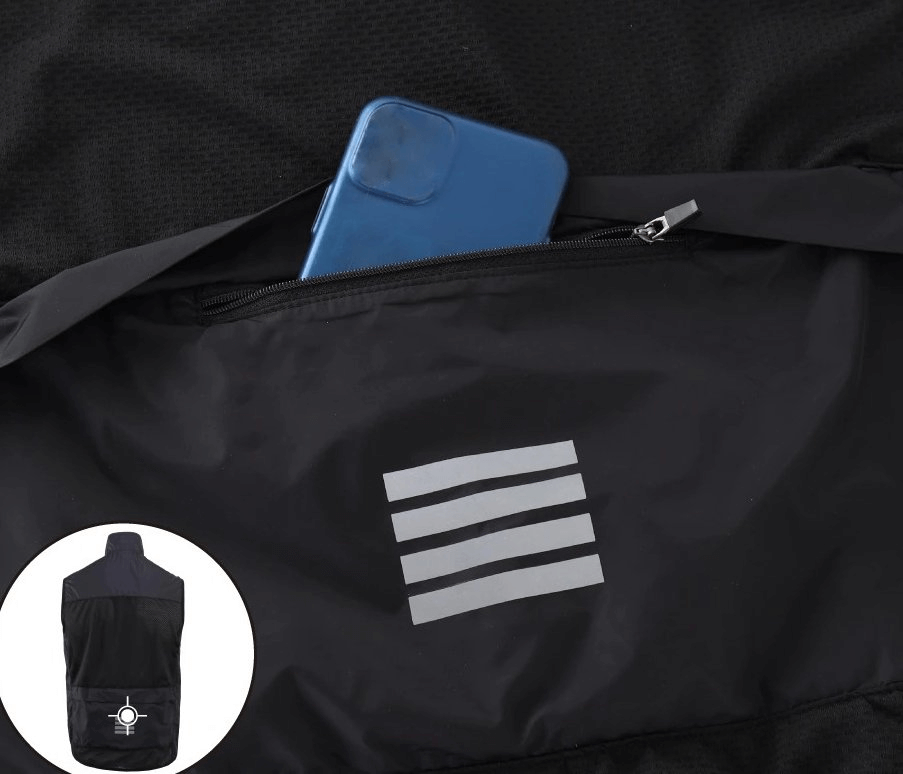 Lightweight quick-drying sports vest with zipper pocket holding a phone and reflective elements, ideal for cycling SF0583.