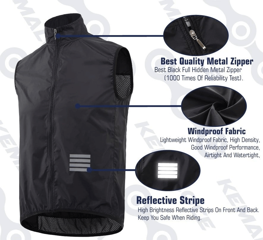 Black lightweight quick-drying cycling vest with zipper, reflective strips, and windproof fabric for maximum comfort and safety.