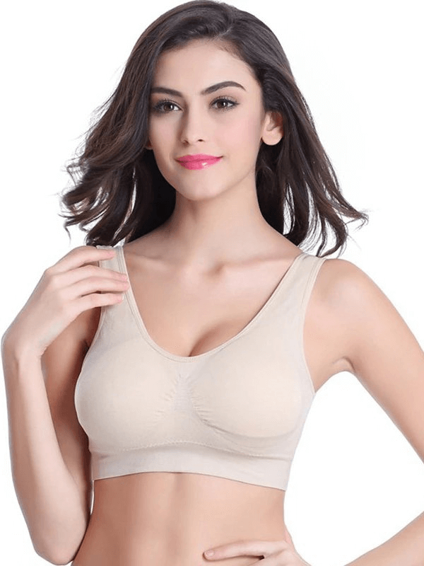 Lightweight solid color women's sports bra for fitness, featuring wire-free support and seamless design for comfort.
