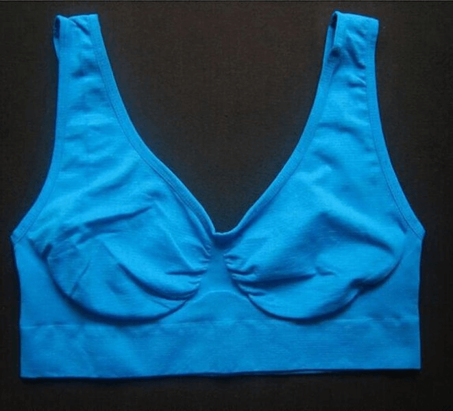 Blue lightweight sports bra for women, padded, wire-free, push-up, seamless, nylon and spandex blend for fitness.