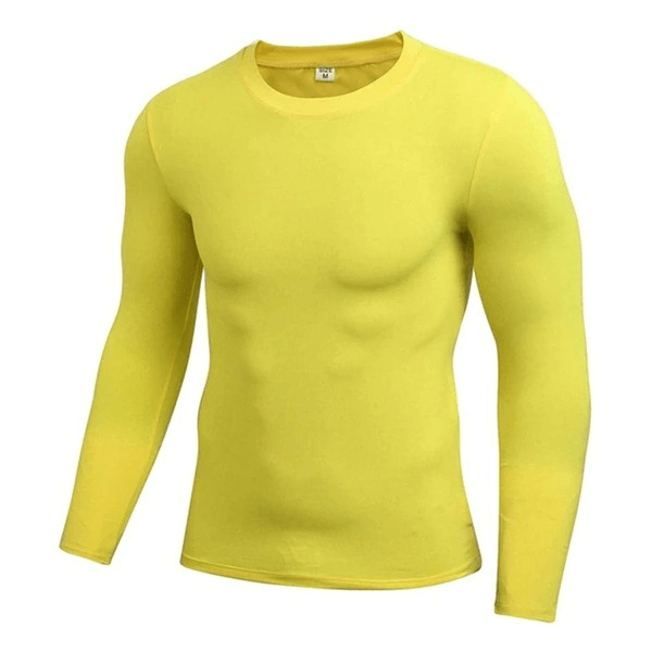 Yellow lightweight men's compression shirt for sports, featuring long sleeves and breathable polyester-spandex fabric.