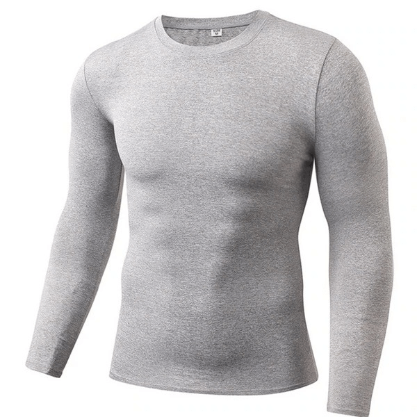 Lightweight grey men's compression shirt, perfect for sports, made from breathable polyester and spandex for active performance.