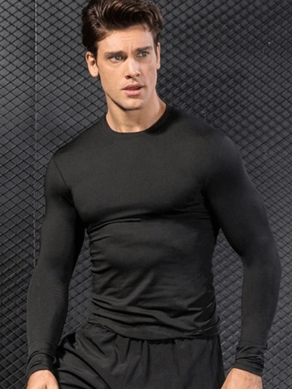 Model wearing black lightweight sports compression men's shirt showcasing breathability and quick-dry features - SF0465