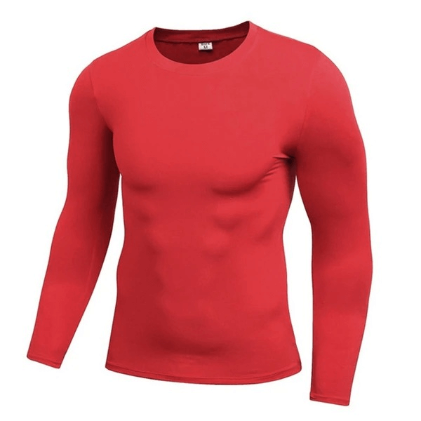 Red lightweight sports compression men's shirt, ideal for activities like basketball, climbing, and cycling with breathable fabric.