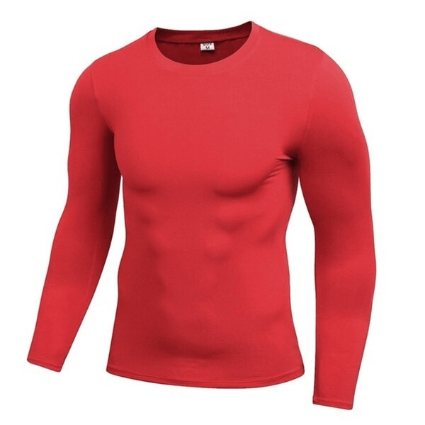 Red lightweight men's sports compression shirt for enhanced breathability and quick-dry, perfect for active sports like cycling or climbing.