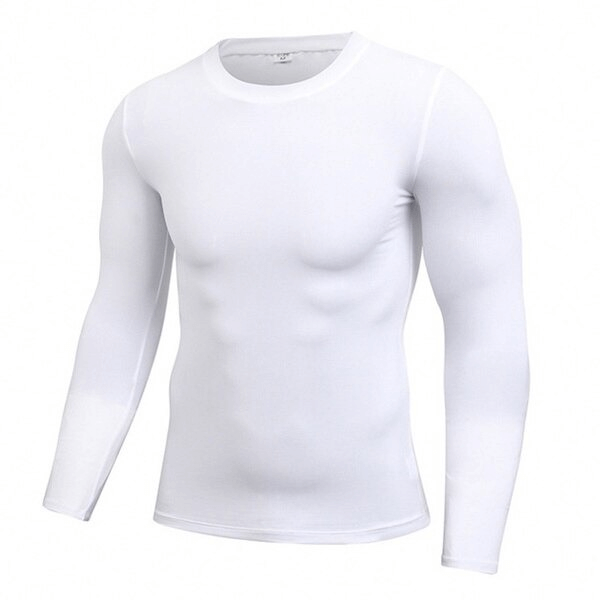 White lightweight sports compression men's shirt, long sleeves, breathable fabric, ideal for activities like basketball and cycling.